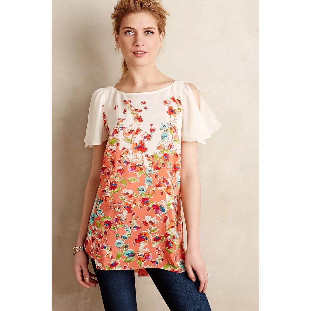 Maeve Anthropologie Ludovica Silk Floral Tunic Top Orange Cream Flutter Sleeve L